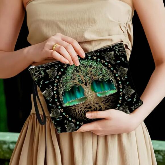 Tree of Life Cosmetic Bag Green 7x10x2 - Mystical Multi-Functional Makeup Pouch - Picture 12 of 13